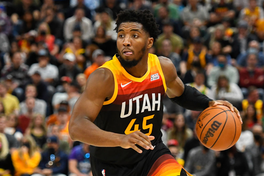 Donovan Mitchell #45 of the Utah Jazz in action in the first half during a game against the Miami Heat at Vivint Smart Home Arena on November 13, 2021 in Salt Lake City, Utah.