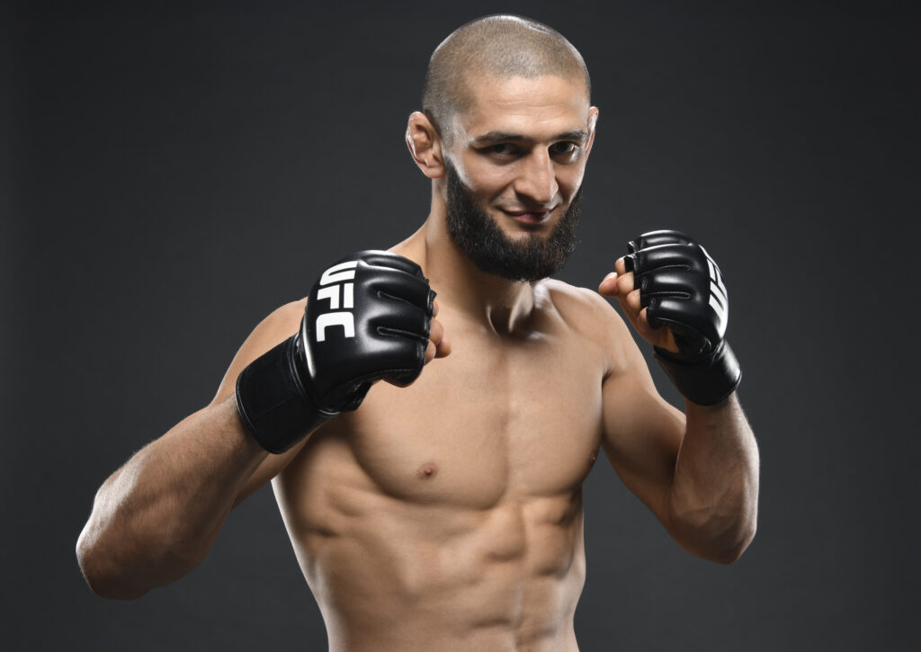 Khamzat Chimaev of Sweden poses for a portrait after his victory during the UFC 267 event at Etihad Arena on October 30, 2021