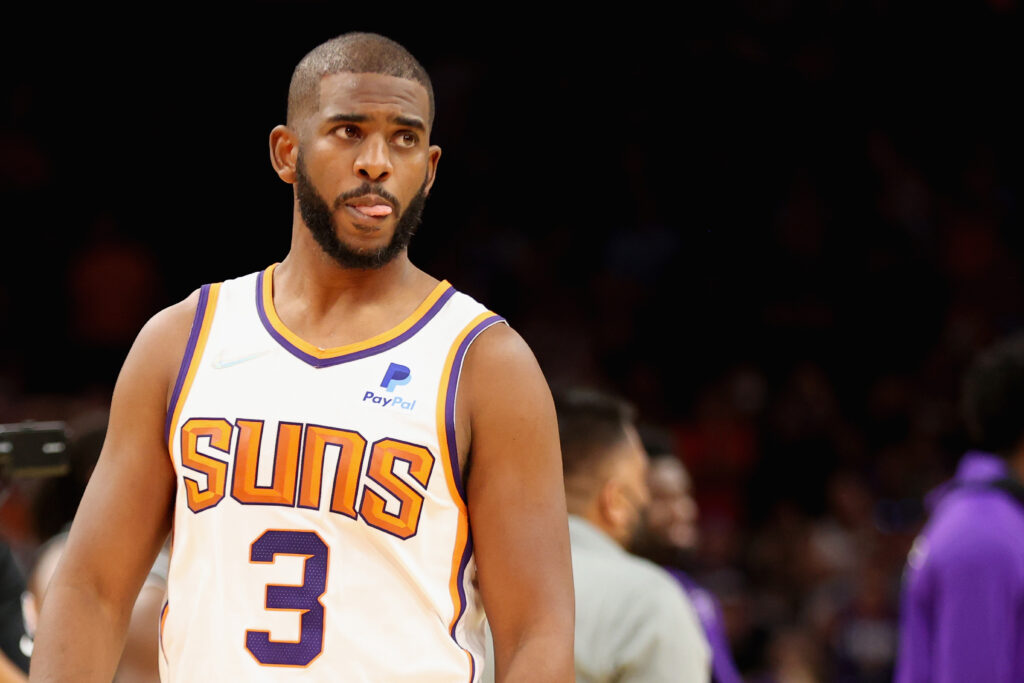 Chris Paul of the Phoenix Suns reacts during the second half of the NBA game at Footprint Center on October 27, 2021 in Phoenix, Arizona.