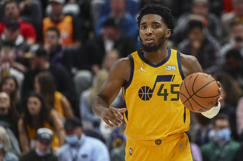 Donovan Mitchell of the Utah Jazz in action during a game against the Atlanta Hawks at Vivint Smart Home Arena on November 09, 2021 in Salt Lake City, Utah.