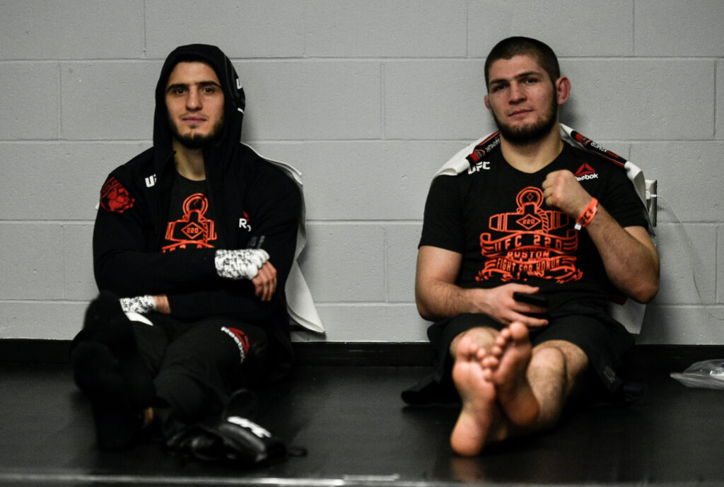 Islam Makhachev and Khabib Nurmagomedov wait backstage during UFC 220