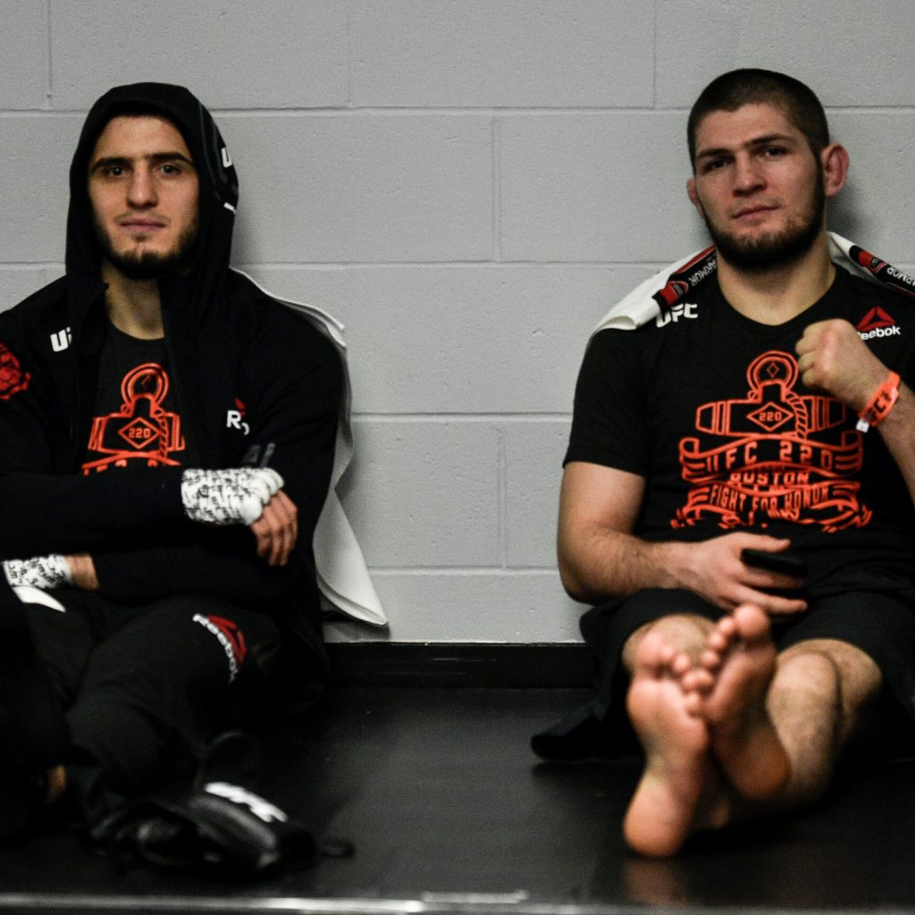 Islam Makhachev and Khabib Nurmagomedov wait backstage during UFC 220