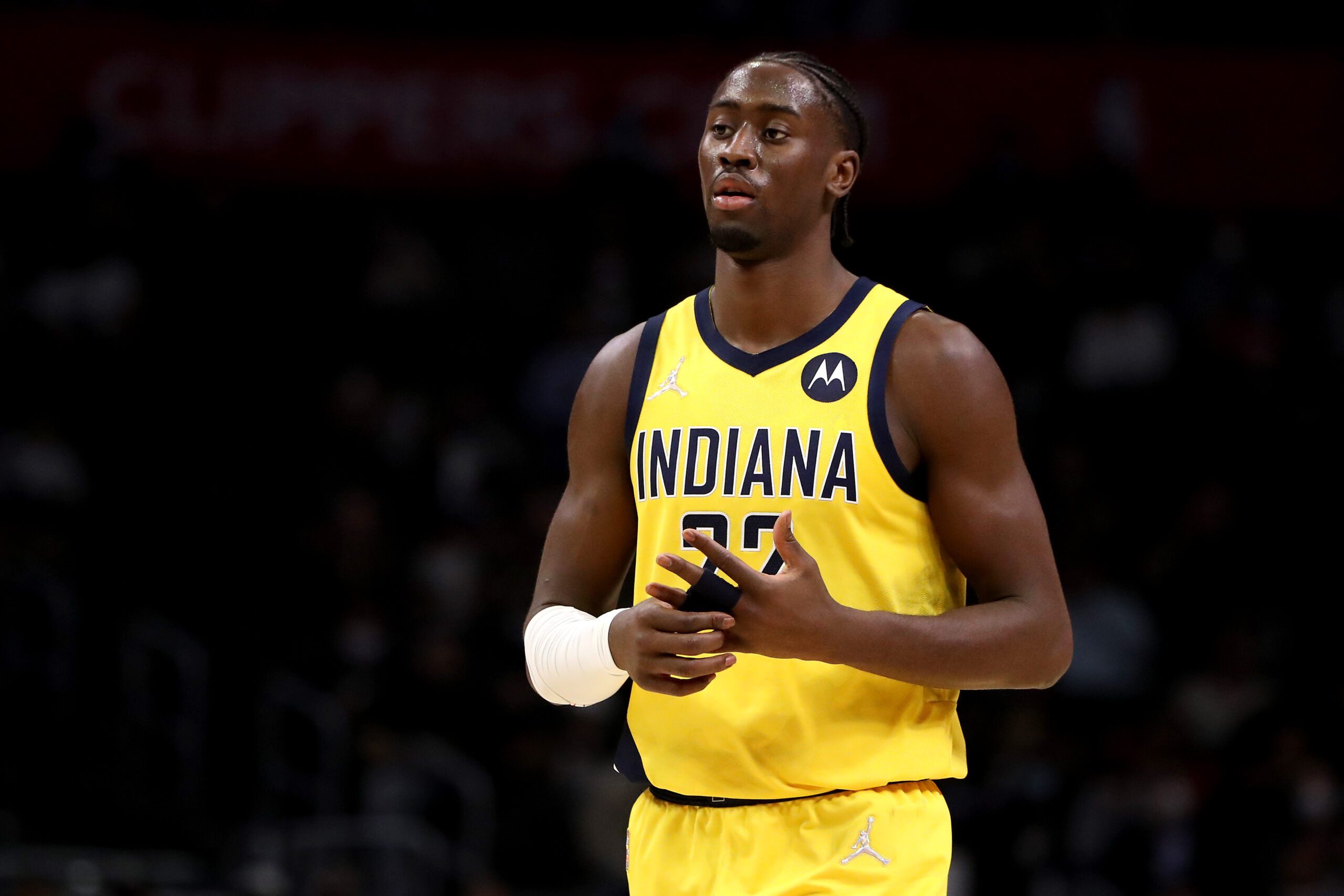 Caris LeVert #22 of the Indiana Pacers looks on during the third quarter against the Los Angeles Clippers at Crypto.com Arena on January 17, 2022 in Los Angeles, California. 