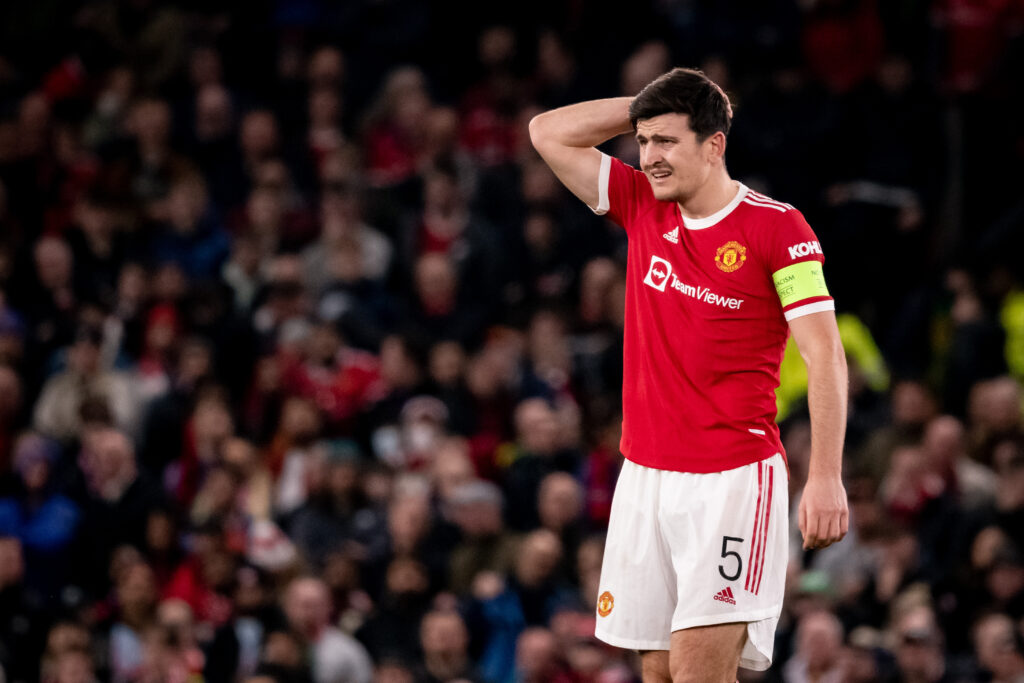 Photo of Manchester United captain Harry Maguire reacting to a play against Atletico Madrid on March 15, 2022.