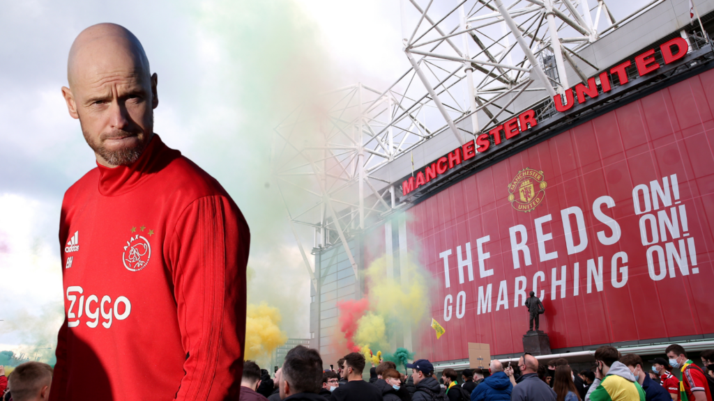 Image of Ajax Amsterdam coach Eric Ten Hag superimposed over an image of protesters outside Manchester United's Old Trafford stadium in May 2021.